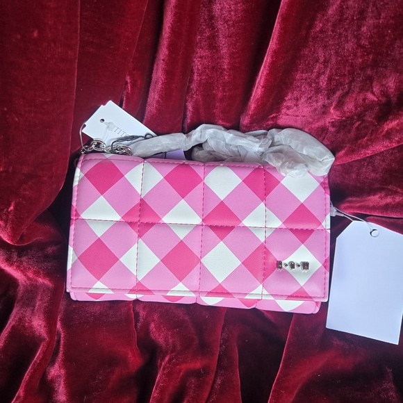 House Of Want Handbags - House of Want Fuchsia Gingham Wallet Crossbody Vegan NWT